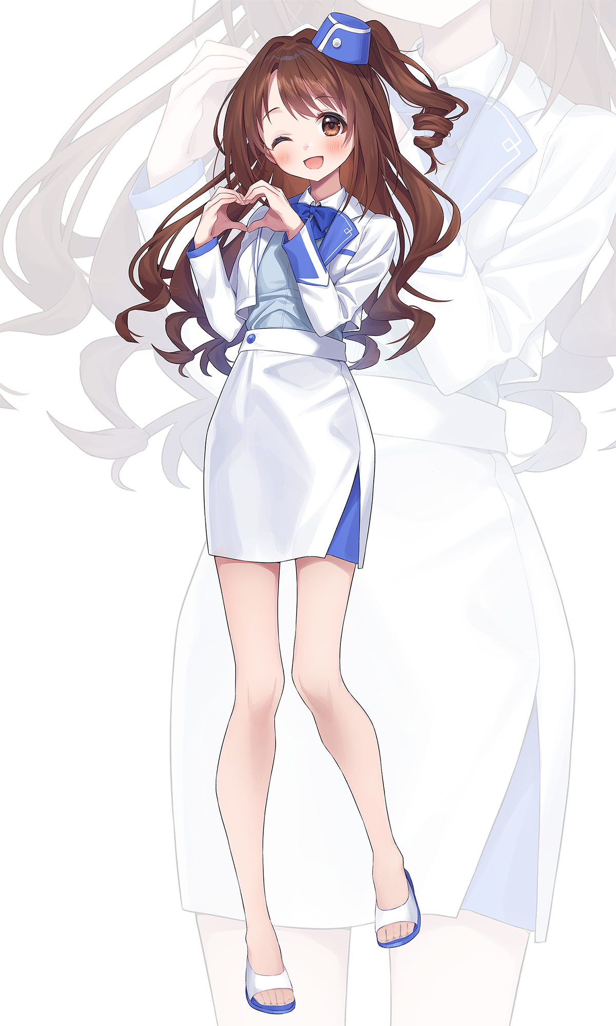 1girl ;d blue_bow blue_hat blue_sandals blue_shirt blush bow brown_eyes brown_hair chobi_(penguin_paradise) commentary_request full_body hands_up hat heart heart_hands highres idolmaster idolmaster_cinderella_girls jacket looking_at_viewer mini_hat one_eye_closed one_side_up open_mouth sandals shimamura_uzuki shirt simple_background skirt smile solo standing standing_on_one_leg tilted_headwear white_background white_jacket white_skirt zoom_layer