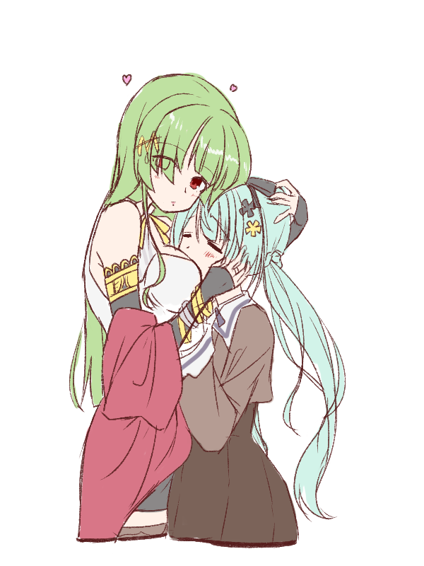 2girls =_= aqua_hair assault_lily bare_shoulders black_ribbon black_skirt blush bracelet breasts brown_jacket brown_thighhighs closed_mouth commentary_request covered_mouth cowboy_shot cropped_legs detached_sleeves eyes_visible_through_hair face_to_breasts flower from_side green_hair gumoyu hair_flower hair_ornament hair_over_one_eye hair_ribbon hairclip hand_on_another&#039;s_cheek hand_on_another&#039;s_face hand_on_another&#039;s_head hand_up hands_up heads_together heart high-waist_skirt jacket jewelry long_hair long_sleeves looking_at_viewer looking_to_the_side low_twintails medium_breasts miniskirt multiple_girls neck_ribbon pleated_skirt raised_eyebrows red_eyes ribbon ring school_uniform shawl shinoda_mioko shirt simple_background sketch skirt sleeveless sleeveless_shirt sleeves_past_wrists standing thighhighs twintails ueda_imari very_long_hair white_background white_shirt yellow_flower yellow_ribbon yuri zettai_ryouiki