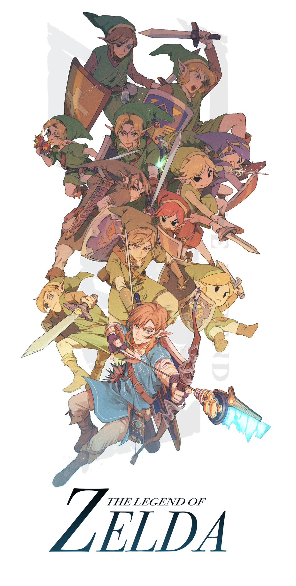 6+boys aiming arm_up arrow_(projectile) belt belt_buckle black_eyes black_gloves blonde_hair boots bottle bow_(weapon) brown_belt brown_boots brown_gloves brown_hair brown_shirt buckle chest_belt clenched_teeth closed_mouth commentary_request conductor_baton copyright_name fairy fingerless_gloves glass_bottle gloves green_hat green_tunic hat highres holding holding_baton holding_mask holding_shield holding_sword holding_weapon hylian_shield korean_commentary link long_pointy_ears long_sleeves looking_ahead looking_to_the_side male_focus mask master_sword multiple_boys navi nintendo open_mouth pantyhose parted_bangs pointy_ears princess_zelda pu_hegg purple_hair purple_hat purple_shirt purple_tunic red_hair red_hat scabbard sheath shield shirt sideways_glance simple_background smirk sword teeth the_legend_of_zelda the_legend_of_zelda:_a_link_to_the_past the_legend_of_zelda:_breath_of_the_wild the_legend_of_zelda:_four_swords the_legend_of_zelda:_majora&#039;s_mask the_legend_of_zelda:_ocarina_of_time the_legend_of_zelda:_twilight_princess tongue tunic upper_teeth_only v-shaped_eyebrows weapon white_background white_pantyhose wind_waker_(object)