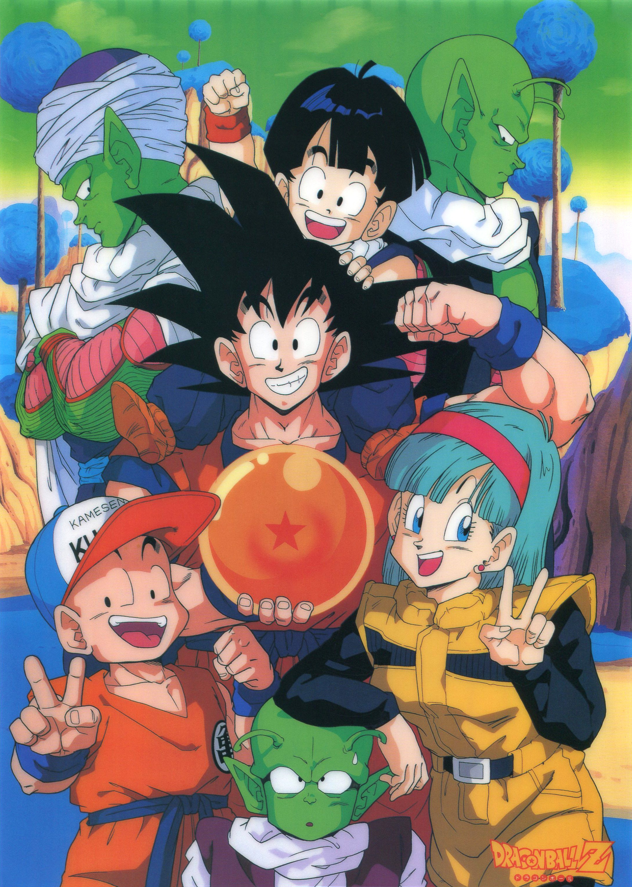 1990s_(style) absurdres antennae aqua_hair arm_on_own_head arm_up ball baseball_cap black_eyes black_hair blue_eyes brown_footwear bulma cape carrying child clothes_writing colored_skin copyright_name crossed_arms day dende dougi dragon_ball dragon_ball_(object) dragonball_z earrings emblem father_and_son flexing green_skin green_sky grin hairband hat height_difference highres holding holding_ball jewelry kuririn logo long_sleeves medium_hair muscular muscular_male nail_(dragon_ball) namekian no_eyebrows official_art open_mouth outdoors piccolo piggyback pointy_ears profile retro_artstyle saiyan scan sky smile son_gohan son_goku spiked_hair standing stud_earrings sweatdrop takigawa_hina turban wristband