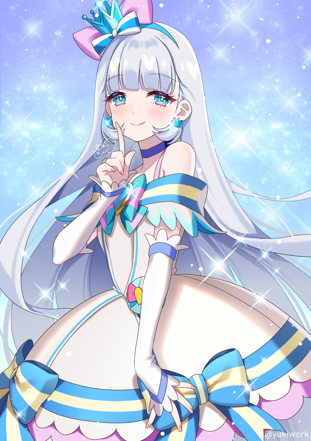 1girl aqua_bow aqua_bowtie artist_logo blue_bow blue_bowtie blue_choker blue_crown blue_eyes blunt_bangs bow bowtie brooch choker closed_mouth commentary cowboy_shot crown crown_earrings cure_nyammy dress dress_bow earrings elbow_gloves gloves grey_hair hair_bow half-closed_eyes half_gloves heart heart_brooch highres index_finger_raised jewelry light_particles logo long_hair looking_at_viewer magical_girl medium_dress mini_crown nekoyashiki_yuki off-shoulder_dress off_shoulder pink_bow pointed_crown pouch precure signature smile solo sparkle standing tilted_headwear twitter_username very_long_hair white_dress white_gloves wonderful_precure! yukinko_(yukiwork)