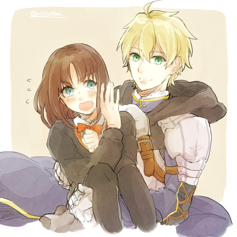 1boy 1girl ahoge armor arthur_pendragon_(fate) banira_(ri0115ka) blonde_hair blue_eyes blush brown_hair carrying fate/prototype fate_(series) green_eyes looking_at_viewer pantyhose princess_carry sajou_ayaka_(fate/prototype) short_hair skirt smile