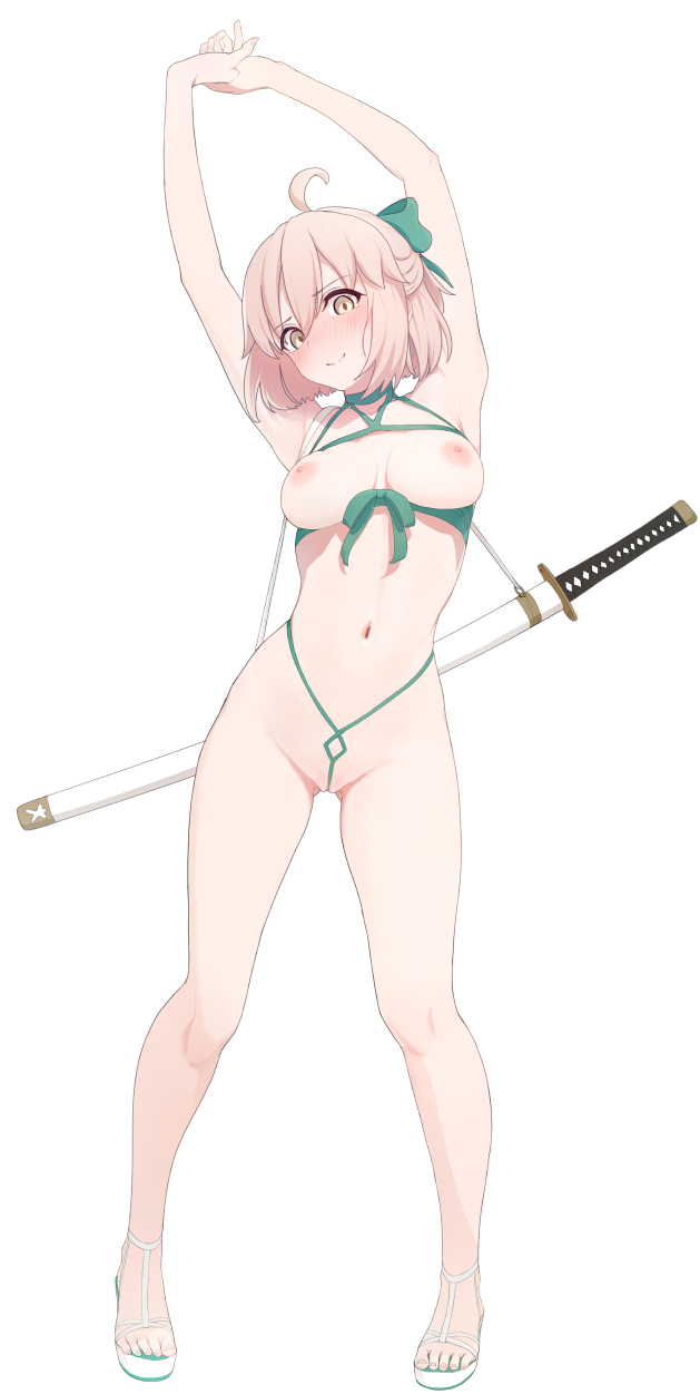 1girl arms_up blonde_hair blush breasts fate/grand_order fate_(series) full_body highres kozuka_yasushi large_breasts looking_at_viewer nipples okita_j._souji_(fate) okita_j._souji_(third_ascension)_(fate) okita_souji_(fate) short_hair solo yellow_eyes