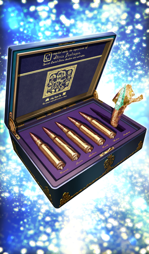 akitaken_(non_faciem) artoria_pendragon_(fate) blue_background box bullet candy commentary cursive english_text fate/grand_order fate_(series) food food_art food_focus gold ice_cream in_box in_container mint_chocolate mint_chocolate_(razschi) no_humans official_art open_box saber_alter saber_alter_(swimsuit_rider) still_life third-party_source
