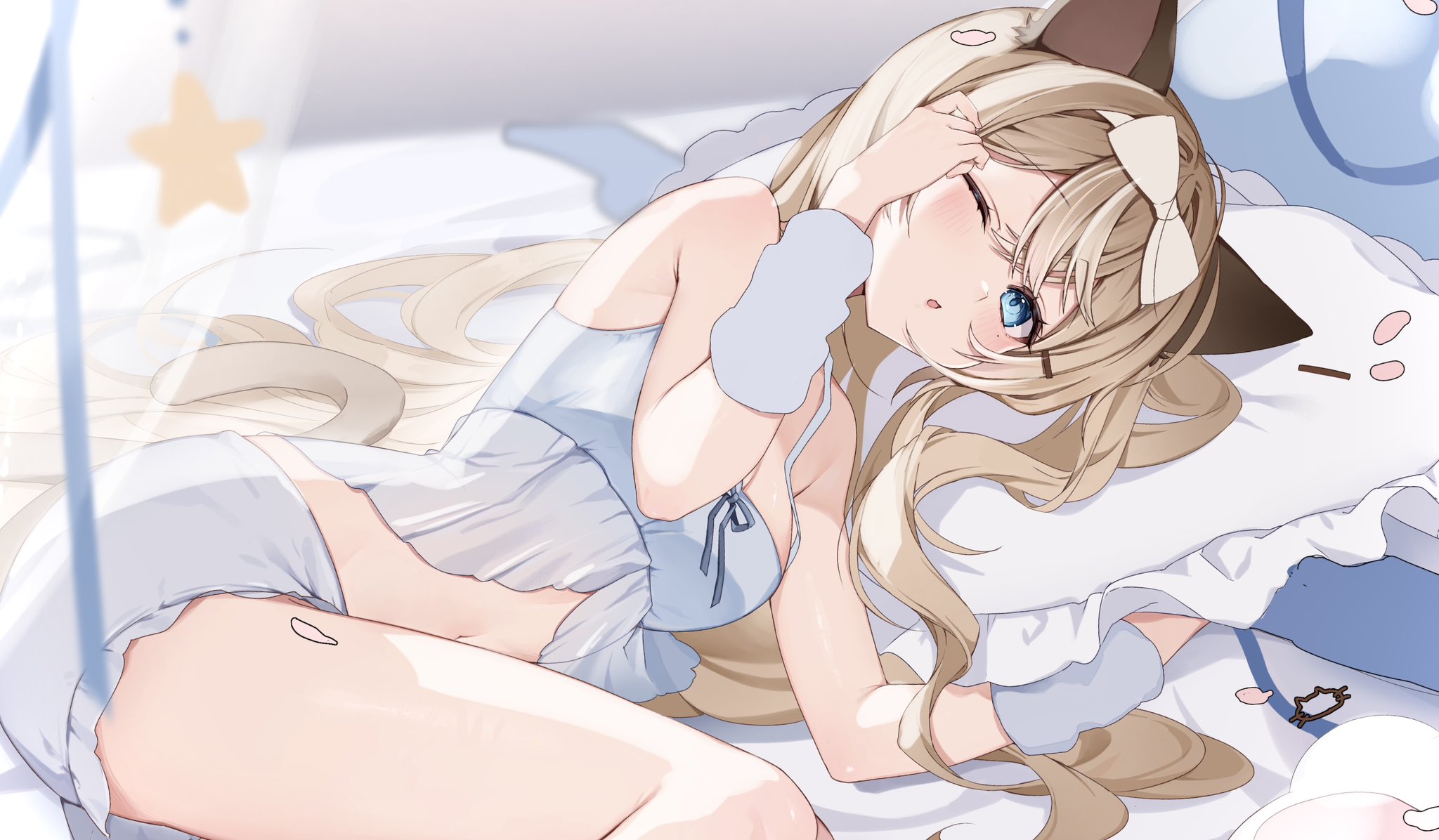 1girl animal_ears babydoll bare_shoulders blonde_hair bloomers blue_eyes bow breasts cat_ears cat_tail commission hair_bow highres hinagikumonnme long_hair looking_at_viewer lying navel on_side one_eye_closed original parted_lips pillow skeb_commission small_breasts solo tail thighs underwear white_bloomers