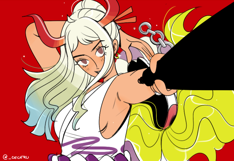 1girl aqua_hair cesel commentary earrings english_commentary glint holding holding_weapon horns japanese_clothes jewelry kimono looking_at_viewer one_piece ponytail red_background rope shimenawa sidelocks simple_background sleeveless sleeveless_kimono solo twitter_username upper_body weapon yamato_(one_piece)