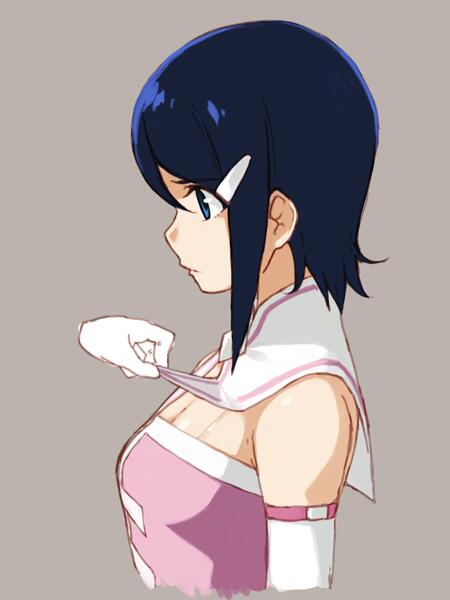 1girl 1other bare_shoulders blue_eyes blue_hair breasts brown_background cleavage collar collar_tug cute_&amp;_girly_(idolmaster) detached_collar detached_sleeves dress from_side gloves hair_ornament hairclip idolmaster idolmaster_dearly_stars looking_at_another medium_breasts mizutani_eri pink_dress pink_trim short_hair simple_background solo_focus temurei_(vovovov) upper_body white_collar white_gloves white_sleeves white_trim