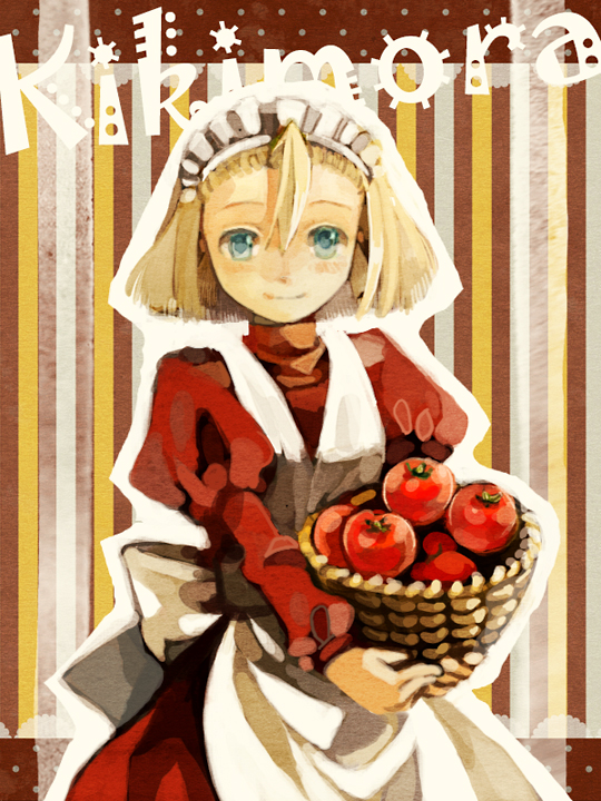 1girl apple apron basket blonde_hair blue_eyes blush character_name dress food fruit holding holding_basket juliet_sleeves kikimora_(puyopuyo) kokuzu long_sleeves looking_at_viewer madou_monogatari maid maid_headdress puffy_sleeves puyopuyo apple red_dress smile solo turtleneck turtleneck_dress white_apron