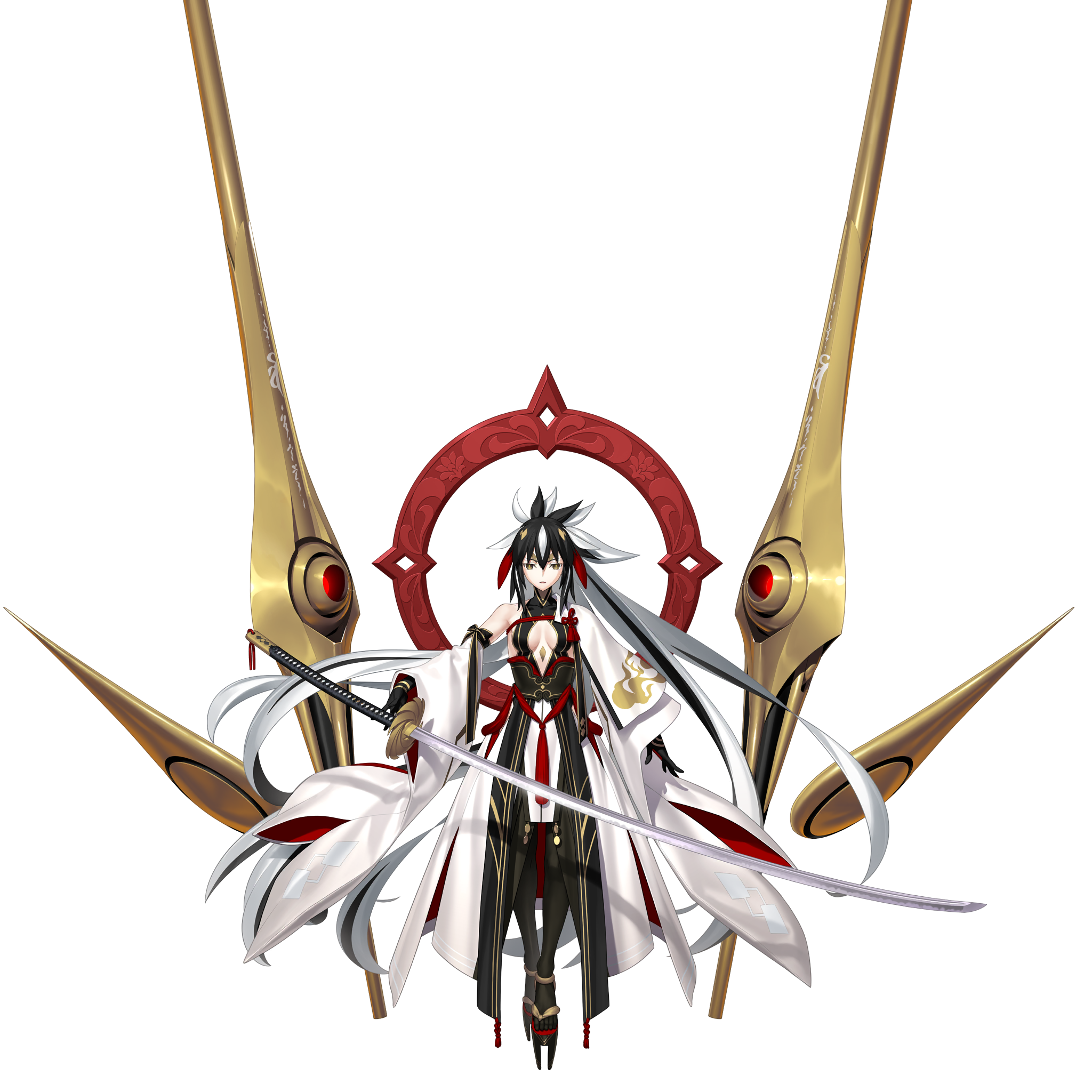 1girl armor black_armor black_gloves black_hair breasts chopsticks detached_sleeves fate/grand_order fate_(series) floating floating_object gloves green_eyes hair_between_eyes half-closed_eyes highres holding holding_sword holding_weapon japanese_armor katana long_hair looking_at_viewer multicolored_hair nagao_kagetora_(fate) official_alternate_costume official_alternate_hairstyle official_art solo streaked_hair sword takeuchi_takashi third-party_source transparent_background two-tone_hair uesugi_kenshin_(fate) uesugi_kenshin_(third_ascension)_(fate) variant_set very_long_hair weapon white_hair