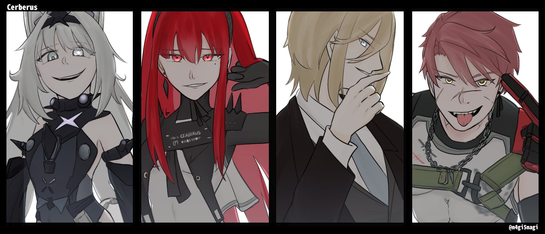 2boys 2girls animal_ears black_bodysuit black_hairband black_suit blonde_hair blue_eyes bodysuit chain collared_bodysuit collared_shirt detached_sleeves earrings evil_smile facial_scar formal_clothes grey_eyes grey_hair grey_necktie hair_intakes hairband highres jewelry light_brown_hair long_hair long_sleeves mechanical_arms mechanical_hands medium_hair mismatched_pupils multiple_boys multiple_girls murray_(pgr) n4gi5nagi necktie no._21:_feral_scent_(pgr) no._21_(pgr) noctis_(pgr) open_mouth parted_lips punishing:_gray_raven red_eyes red_hair scar scar_on_cheek scar_on_face scar_on_nose shirt short_hair sidelocks single_mechanical_arm single_mechanical_hand smile spiked_bodysuit suit teeth tongue tongue_out twitter_username two-tone_bodysuit upper_teeth_only vera:_rozen_(pgr) vera_(pgr) white_bodysuit white_shirt wolf_ears yellow_eyes