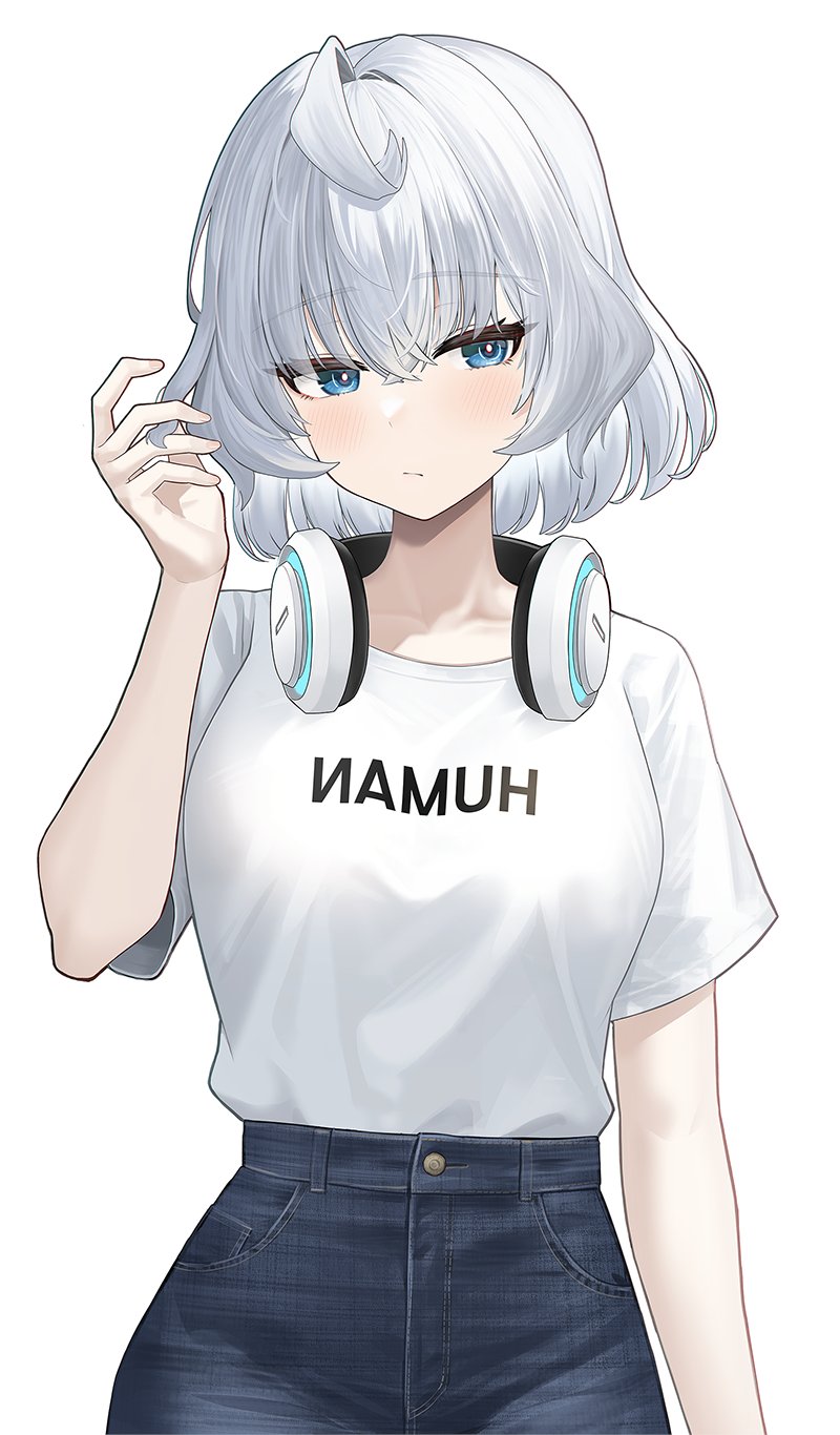 1girl :/ adapted_object adjusting_hair alternate_hair_length alternate_hairstyle blue_eyes commentary counter:side denim hair_between_eyes hand_up headphones headphones_around_neck highres horizon_(counter:side) light_blush looking_at_viewer medium_hair mirrored_text shirt shirt_tucked_in short_sleeves simple_background solo soruha white_background white_hair white_shirt