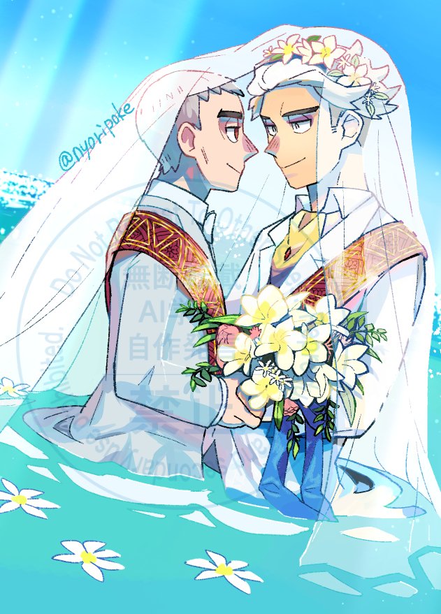 2boys alternate_costume bouquet closed_mouth collared_shirt commentary_request eye_contact flower grey_hair guzma_(pokemon) husband_and_husband jacket long_sleeves looking_at_another male_focus multiple_boys nanu_(pokemon) nintendo nyoripoke outdoors pokemon pokemon_sm sash shirt short_hair shoulder_sash smile twitter_username veil wading water watermark white_hair yaoi