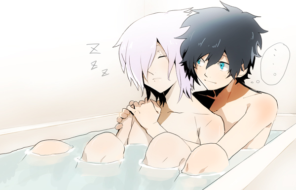 10s 2boys akiyoshi_nozomu bath black_hair blue_eyes closed_eyes devil_survivor_(series) devil_survivor_2 hair_over_one_eye houtsuin_yamato hug kuze_hibiki male_focus multiple_boys necktie nude protagonist_(devil_survivor_2) silver_hair smile water yaoi