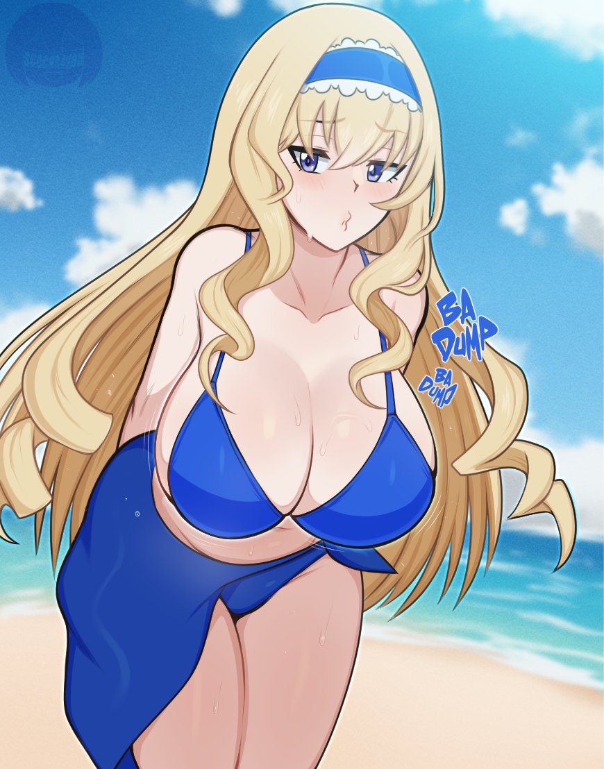 1girl arms_behind_back artist_logo artist_name beach bikini blonde_hair blowing_kiss blue_bikini blue_eyes blush breasts cecilia_alcott cleavage drill_hair half-closed_eyes huge_breasts infinite_stratos leaning_forward legs logo long_hair navel open_mouth puckered_lips sarong scocks4you seductive_gaze solo sweat swimsuit thick_thighs thighs very_long_hair water