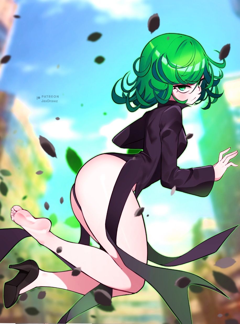 1girl ass bare_legs black_dress blue_sky blurry blurry_background breasts curly_hair day dress from_behind full_body green_eyes green_hair highres jaxdrawz looking_back one-punch_man outdoors rock shoes short_hair single_shoe sky small_breasts solo tatsumaki thighs