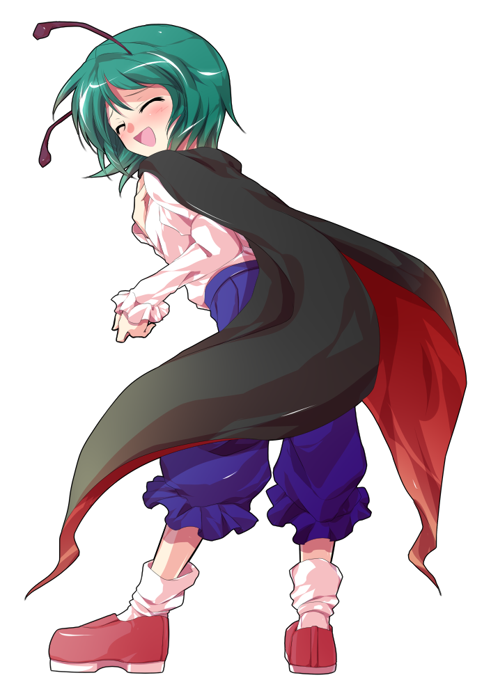 1girl alphes_(style) antennae back black_cape blue_shorts blush buttons cape closed_eyes commentary_request dairi full_body green_hair imperishable_night juliet_sleeves large_variant_set loafers long_sleeves open_mouth parody puffy_sleeves red_cape red_shoes rider_kick shirt shirt_tucked_in shoes short_hair shorts smile socks solo style_parody tachi-e touhou transparent_background two-sided_cape two-sided_fabric variant_set white_shirt white_socks wriggle_nightbug