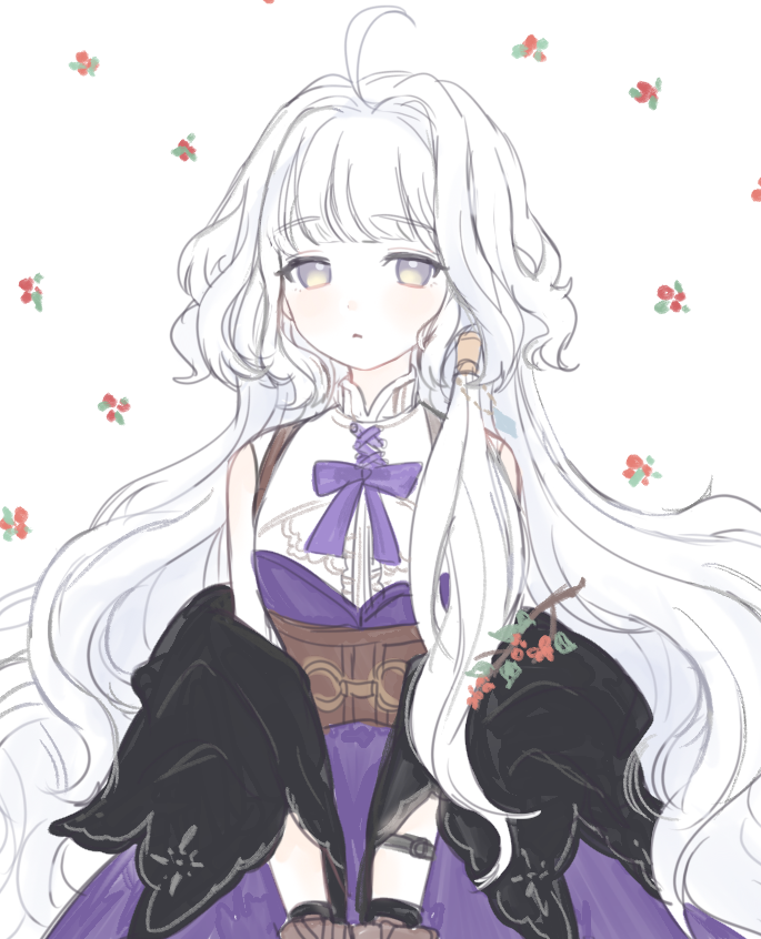 1girl ahoge bare_shoulders grey_hair hair_intakes long_hair mabinogi mbibetty multicolored_eyes purple_ribbon ribbon rowan_(mabinogi) simple_background two-tone_eyes yellow_eyes