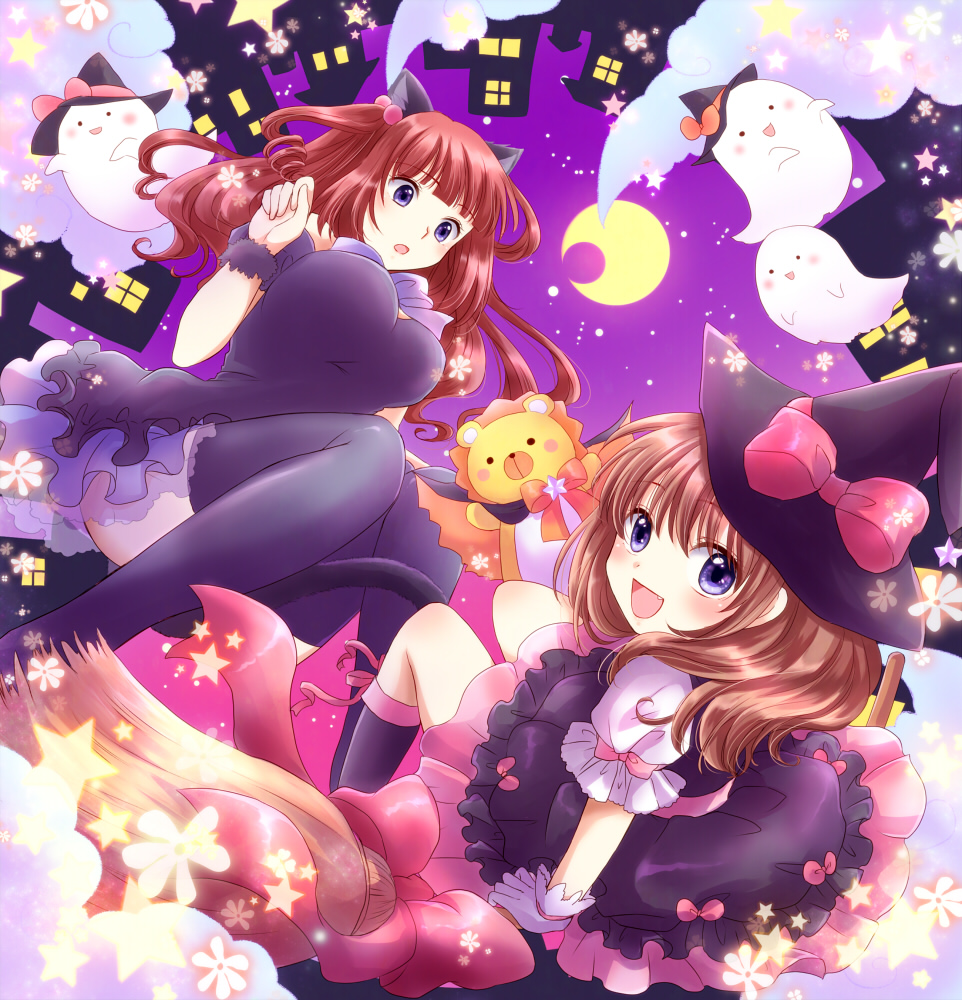 2girls :d animal_ears black_legwear blue_eyes bow broom broom_riding brown_hair cat_ears cat_tail crescent_moon dress fang flower ghost gloves halloween hat hat_bow maekawa_suu moon multiple_girls open_mouth purple_eyes red_hair sakutarou_(umineko) smile star_(symbol) stuffed_animal stuffed_lion stuffed_toy tail thighhighs umineko_no_naku_koro_ni ushiromiya_ange ushiromiya_maria white_gloves witch_hat