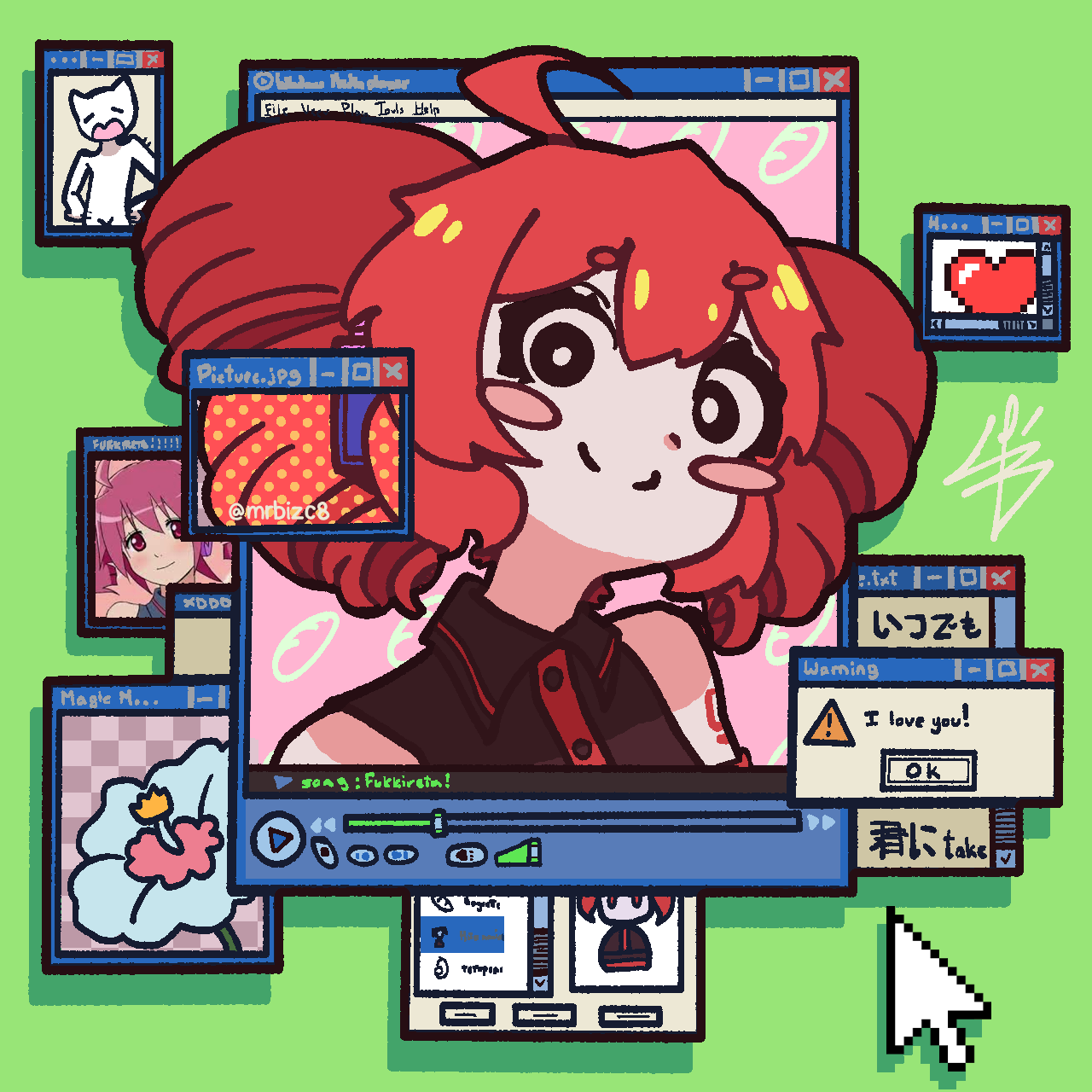 1girl ahoge bare_shoulders black_shirt blush_stickers buttons collared_shirt cursor drill_hair english_text fukkireta green_background hair_between_eyes heart highres kasane_teto looking_at_viewer mrbizc8 no_sclera number_tattoo red_hair shirt smile spanish_commentary tattoo twin_drills twitter_username upper_body utau window_(computing) windows_media_player