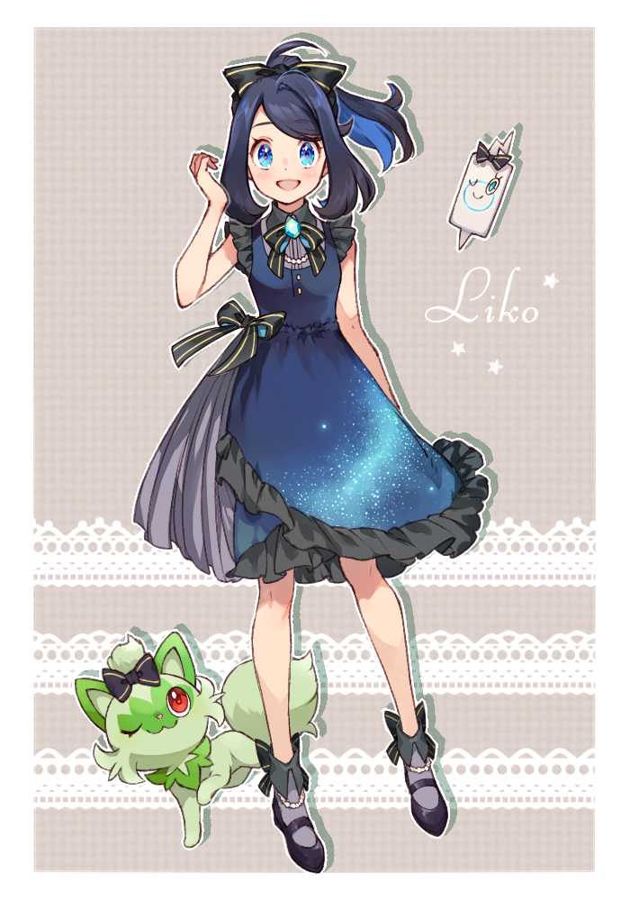 1girl :d black_bow black_footwear black_hair blue_dress blue_eyes blush border bow buttons character_name commentary_request dress frills full_body gen_4_pokemon glitter_dress grey_socks hair_ribbon hand_up knees liko_(pokemon) looking_at_viewer neck_ribbon nintendo open_mouth pokemon pokemon_(anime) pokemon_(creature) pokemon_horizons ribbon rotom rotom_phone sasairebun shoes smile socks sprigatito white_border