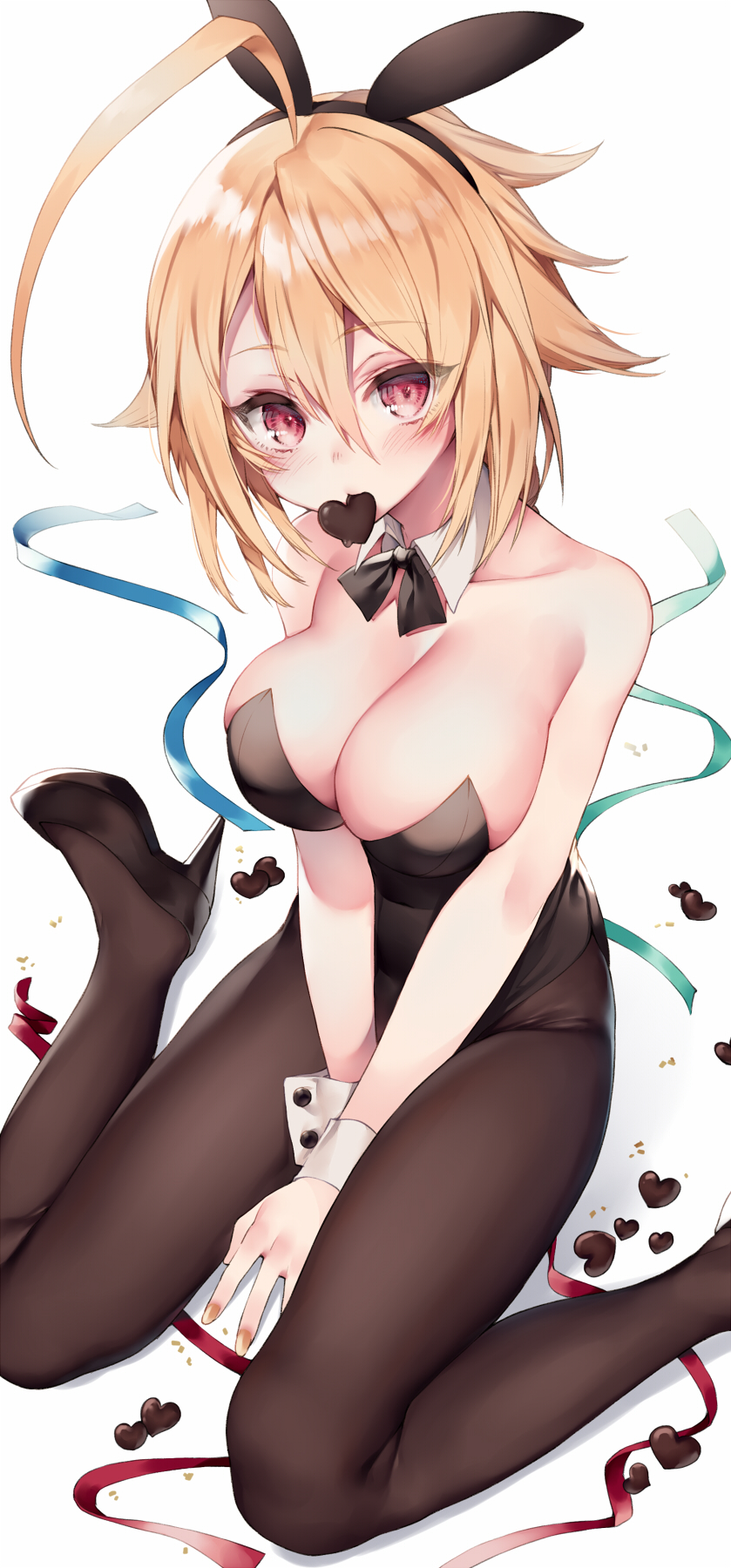 1girl ahoge animal_ears black_pantyhose blazblue blonde_hair blue_eyes blush bow bowtie braid breasts candy chocolate chocolate_heart cleavage female_focus food hair_between_eyes heart high_heels highres hime_gyo huge_ahoge lambda-11 large_breasts long_hair looking_at_viewer mouth_hold nail_polish pantyhose rabbit_ears simple_background sitting solo white_background wrist_cuffs yellow_nails yokozuwari