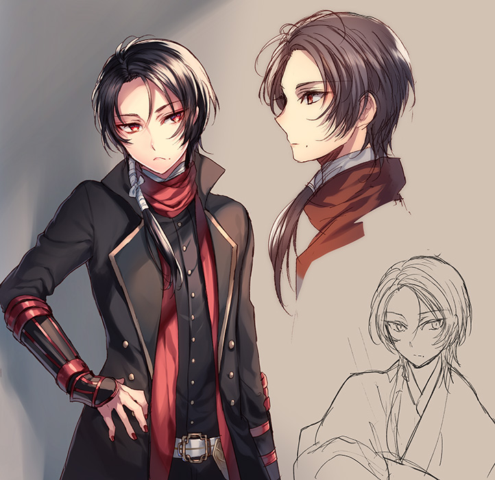 10s 1boy brown_hair earrings hand_on_own_hip jewelry kashuu_kiyomitsu male_focus mole mole_under_mouth multiple_views nail_polish ponytail red_eyes scarf sketch tenkuu_sphere touken_ranbu upper_body