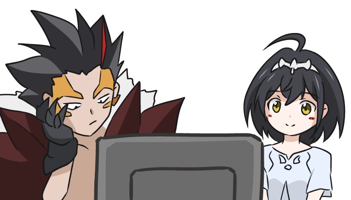 1boy 1girl aiueo8371 black_hair blush breasts clawed_gauntlets claws dai-kaijuu_battle_ultra_ginga_densetsu_the_movie darkness_heels darkness_heels_lili facial_tattoo gauntlets husband_and_wife lili_(darkness_heels) mega_monster_battle:_ultra_galaxy_legends_the_movie short_hair small_breasts spiked_hair tattoo ultra_galaxy_(series) ultra_series ultraman_belial ultraman_geed_(series) watching_television yellow_eyes