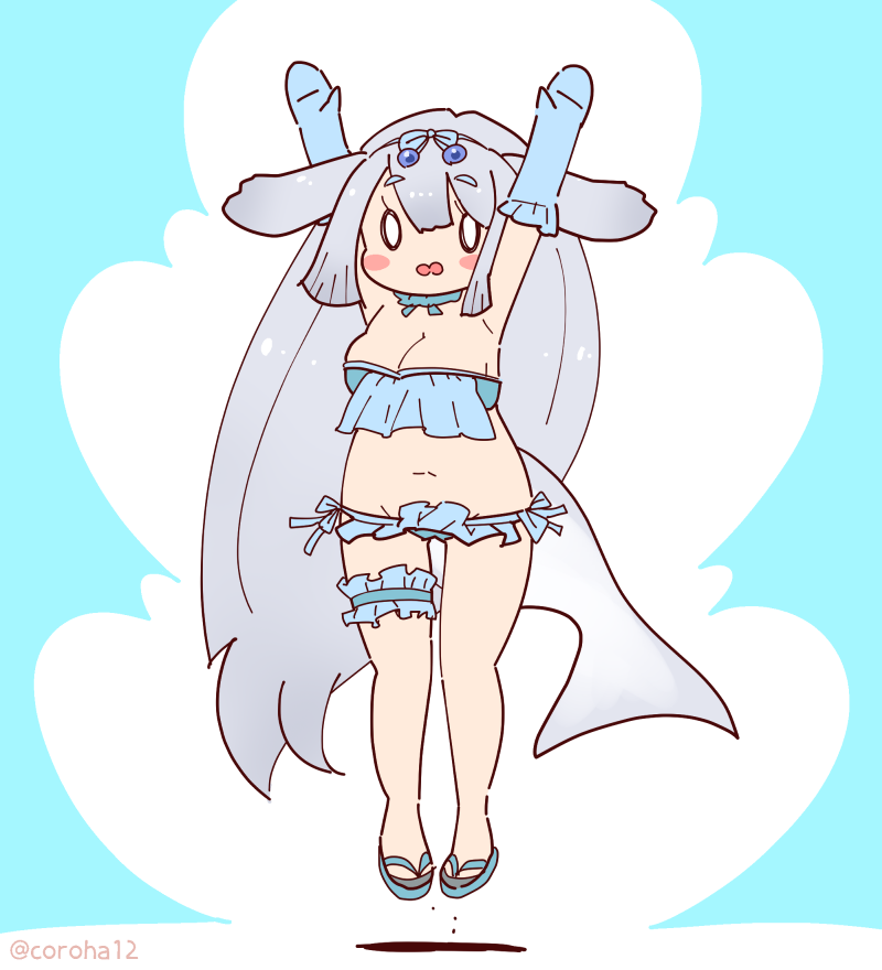 1girl arms_up blue_background choker coroha dugong_(kemono_friends) elbow_gloves fins flip-flops frills full_body gloves grey_hair head_fins jumping kemono_friends long_hair looking_at_viewer navel ribbon sandals simple_background solo strapless swimsuit tail tube_top