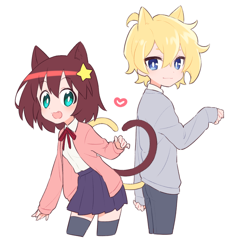 1boy 1girl :3 ahoge alpha_omega_nova animal_ears black_thighhighs blonde_hair blue_eyes brown_hair cardigan cat_ears cat_tail extra_ears fang hair_between_eyes hair_ornament heart heart_tail long_sleeves luluco mt.somo pleated_skirt ribbon short_hair simple_background skirt sleeves_past_wrists smile star_(symbol) star_hair_ornament tail thighhighs uchuu_patrol_luluco white_background