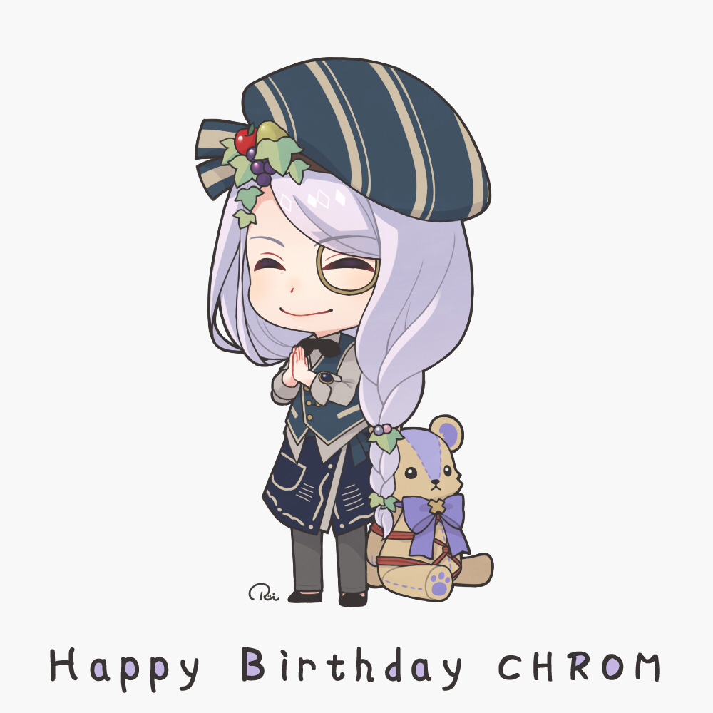 1boy black_bow black_bowtie bow bowtie braid chibi chibi_only chrom_rem closed_mouth commentary_request dame_x_prince full_body grey_pants grey_shirt happy_birthday male_focus monocle own_hands_together pants purple_hair ruei_(chicking) shirt simple_background solo striped_hat stuffed_animal stuffed_toy teddy_bear white_background