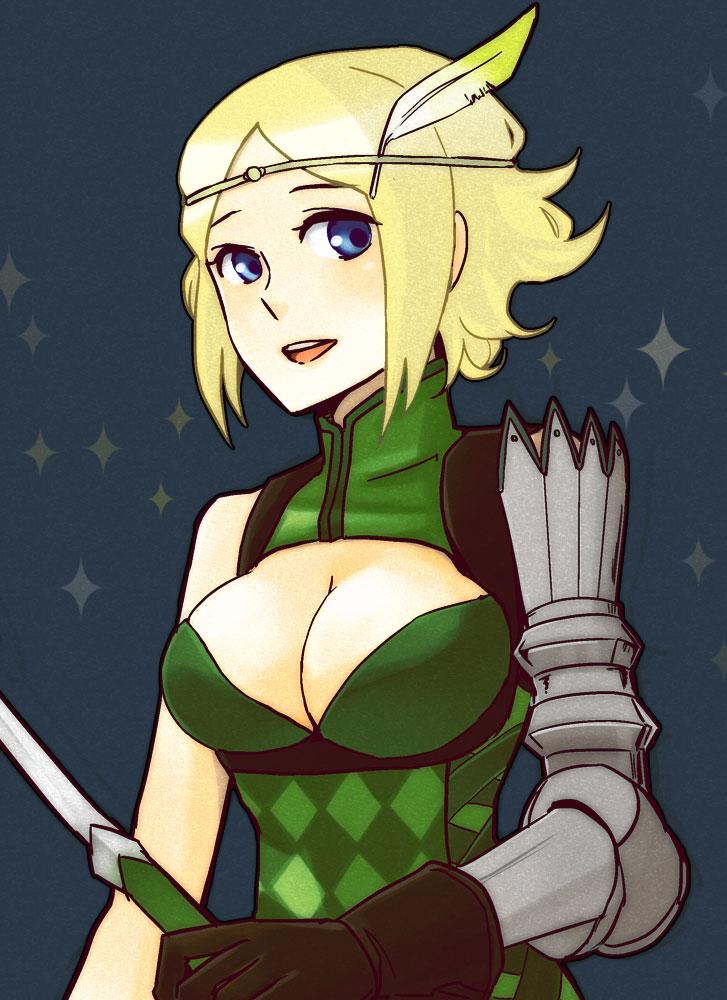 1girl blonde_hair blue_eyes breasts circlet cleavage donkuma_kakusei facing_viewer feather_hair_ornament feathers fire_emblem fire_emblem_awakening hair_ornament large_breasts looking_at_viewer nintendo noire_(fire_emblem) open_mouth smile solo teeth upper_body upper_teeth_only
