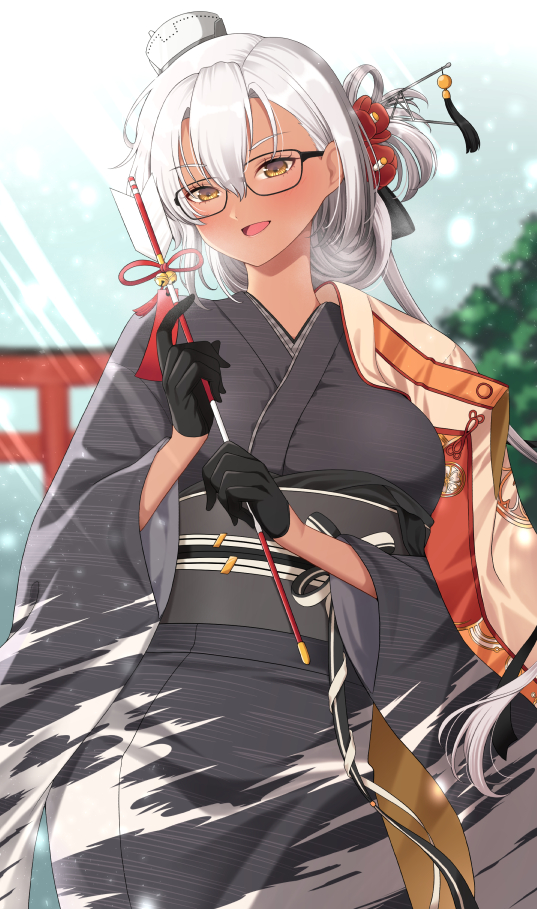1girl :d arrow_(projectile) black_gloves black_kimono brown_eyes commentary_request dark-skinned_female dark_skin gloves hair_between_eyes hair_ornament hamaya hatsumoude holding jacket japanese_clothes kantai_collection kanzashi kimono long_hair looking_at_viewer military_jacket musashi_(kancolle) musashi_(new_year)_(kancolle) new_year official_alternate_costume official_alternate_hairstyle open_mouth smile solo torii wide_sleeves yomogi_dango