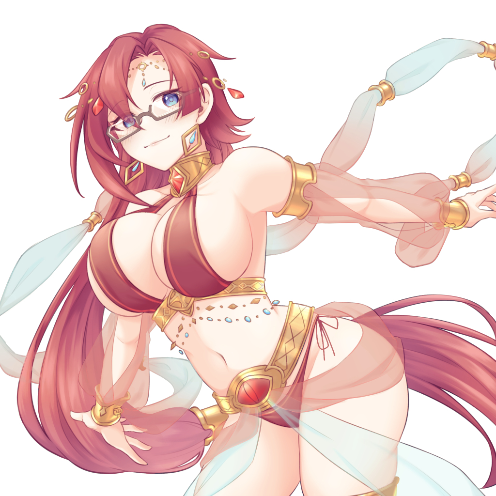 1girl altheavin blue_eyes breasts choker dancer detached_sleeves earrings gem glasses jewelry labyrista_(princess_connect!) large_breasts long_hair looking_at_viewer navel princess_connect! red_hair revealing_clothes see-through_clothes see-through_sleeves semi-rimless_eyewear solo thighlet under-rim_eyewear very_long_hair white_background