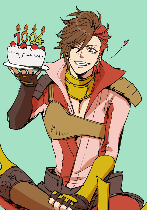 1boy armor birthday_cake brown_eyes brown_gloves brown_hair cake candle feet_out_of_frame fingerless_gloves food gloves green_background grin hand_on_own_leg heart holding holding_cake holding_food indian_style looking_at_viewer male_focus multicolored_hair one_eye_closed popped_collar red_hair sengoku_basara shima_sakon_(sengoku_basara) short_hair shoulder_armor simple_background sitting smile solo two-tone_hair yona_(waiko)