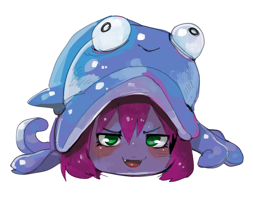 1girl :d animal_hat blue_hat blue_skin colored_skin fangs green_eyes hair_between_eyes hat league_of_legends lulu_(league_of_legends) open_mouth pool_party_(league_of_legends) pool_party_lulu purple_hair raichiyo short_hair simple_background smile solo squid_hat v-shaped_eyebrows white_background yordle yukkuri_shiteitte_ne