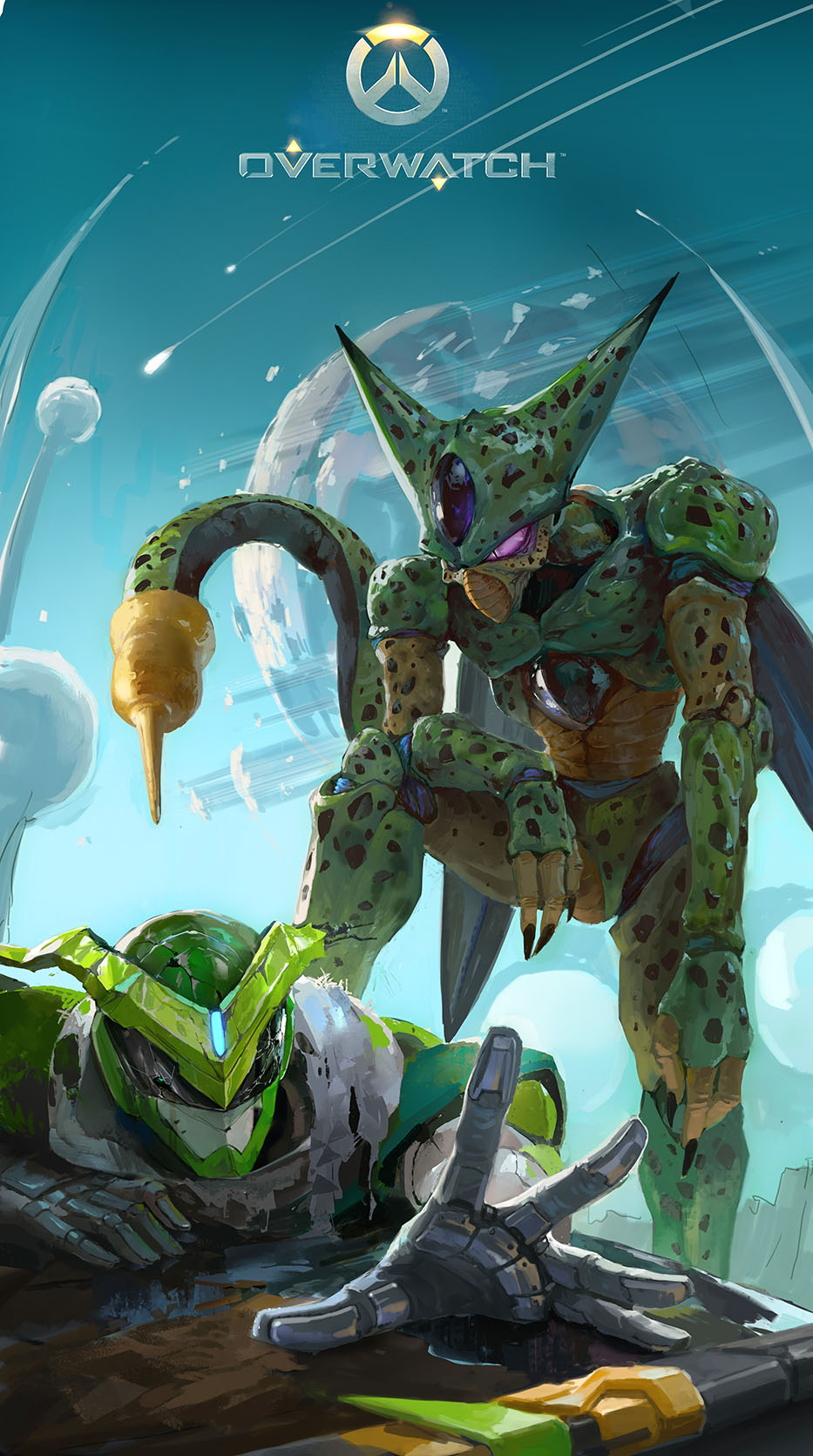 2boys armor bad_id bad_pixiv_id blue_sky cell_(dragon_ball) colored_sclera copyright_name crossover cyborg dragon_ball dragonball_z genji_(overwatch) helmet highres imperfect_cell linger_ftc male_focus monster multiple_boys outstretched_hand overwatch overwatch_1 power_armor purple_sclera sentai_genji sky slit_pupils tail