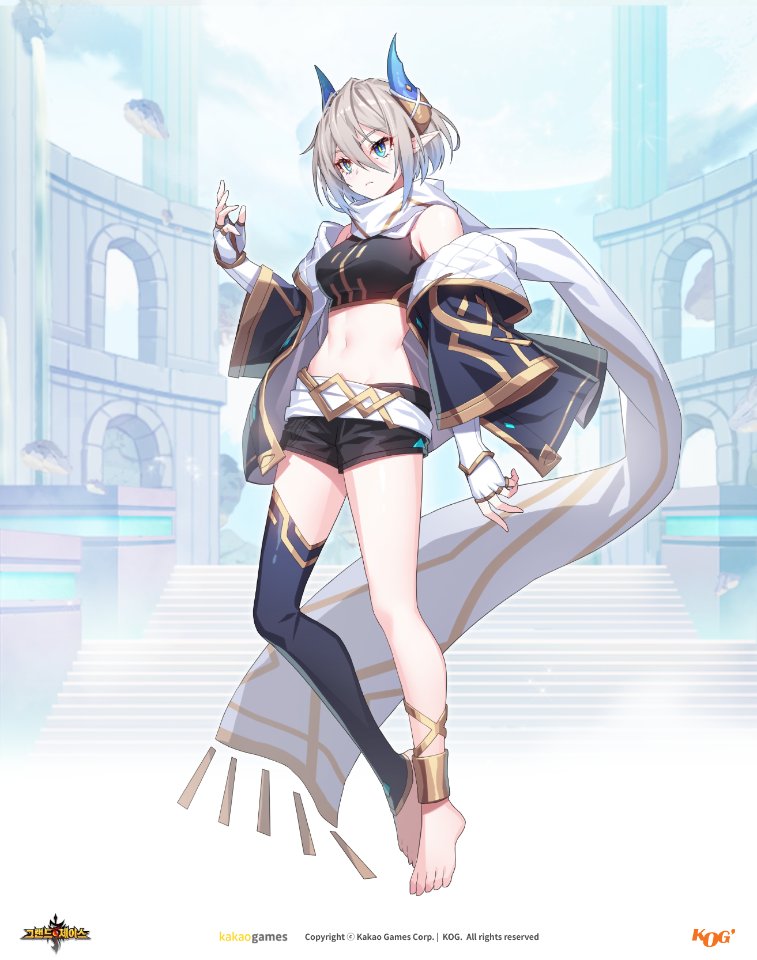 1girl anklet arm_warmers armpit_crease bare_shoulders barefoot black_coat black_shirt black_shorts black_thighhighs blue_eyes breasts coat copyright_name copyright_notice crop_top dragon_horns fingerless_gloves full_body gloves gold_trim grand_chase grey_hair hair_between_eyes hand_up horns jewelry logo long_sleeves medium_breasts midriff navel off_shoulder official_art open_clothes open_coat pointy_ears sash scarf shirt short_hair short_shorts shorts sidelocks single_thighhigh sleeveless sleeveless_shirt slit_pupils solo standing stomach tachi-e thighhighs thighs tiamat_(grand_chase) toeless_legwear white_background white_gloves wide_sleeves yeum