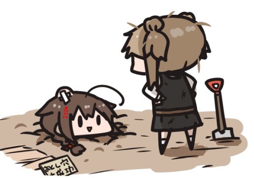 2girls ahoge black_dress black_eyes braid brown_hair buried commentary_request curse_(023) dress head_bump kantai_collection long_hair michishio_(kancolle) michishio_kai_ni_(kancolle) multiple_girls pinafore_dress shigure_(kancolle) shigure_kai_san_(kancolle) shovel sign single_braid sleeveless sleeveless_dress solid_oval_eyes translation_request