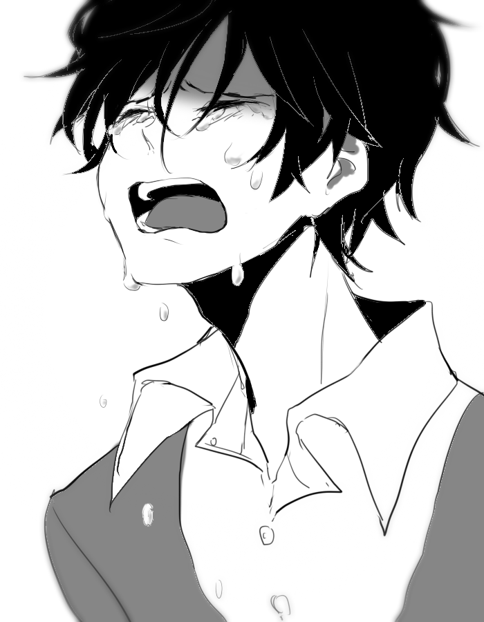 1boy ama_(i-ekk) blurry buttons cardigan closed_eyes collared_shirt crying facing_to_the_side hair_between_eyes kagerou_project kokonose_haruka male_focus messy_hair monochrome no_mole open_collar open_mouth portrait sad shirt short_hair solo tears teeth tongue upper_body