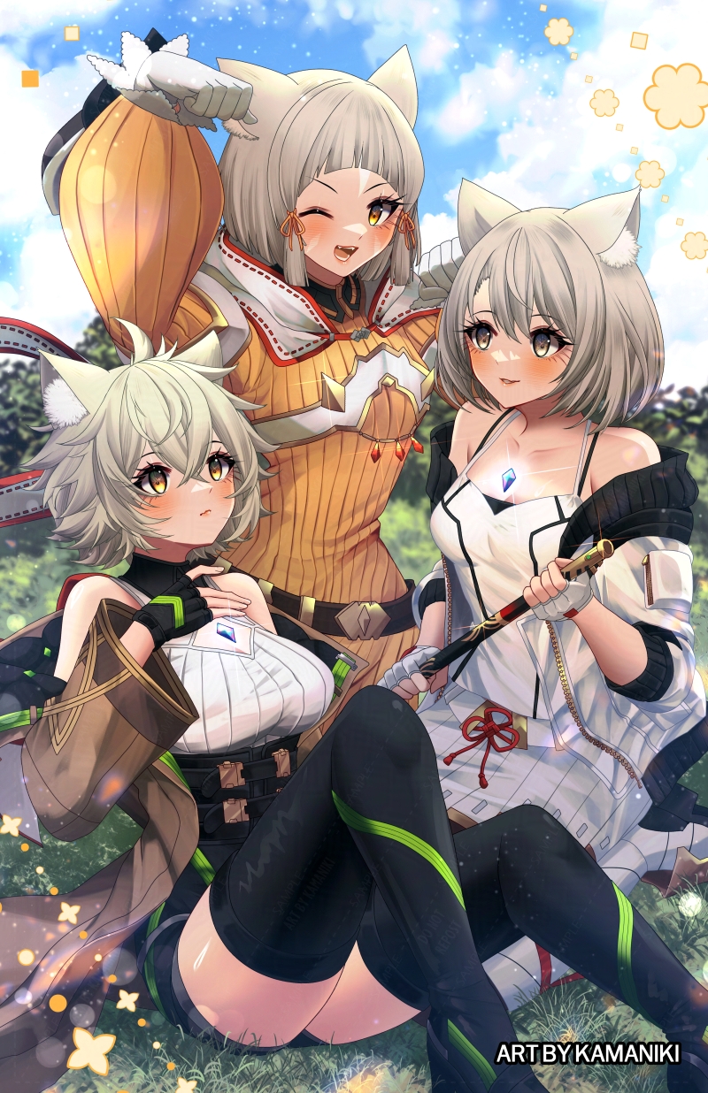 3girls animal_ear_fluff animal_ears fingerless_gloves flute gloves grey_eyes grey_hair highres instrument kamaniki mio_(xenoblade) multiple_girls na&#039;el_(xenoblade) nia_(xenoblade) one_eye_closed outdoors xenoblade_chronicles_(series) xenoblade_chronicles_2 xenoblade_chronicles_3 xenoblade_chronicles_3:_future_redeemed yellow_eyes