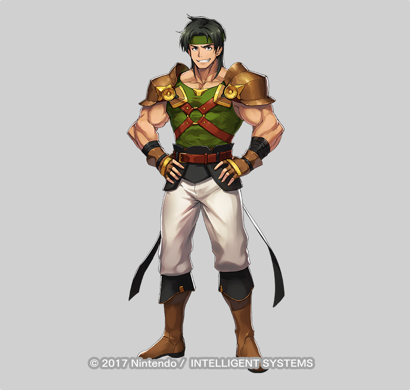 1boy bandages belt black_hair boots copyright_notice dai-xt fingerless_gloves fire_emblem fire_emblem:_thracia_776 fire_emblem_heroes full_body gloves grey_background headband long_hair male_focus muscular muscular_male nintendo official_art osian_(fire_emblem) solo teeth