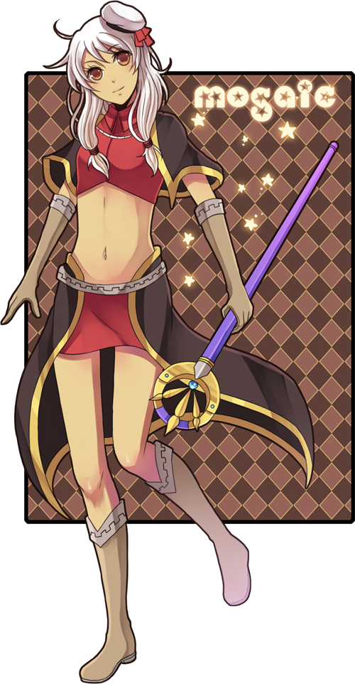 1girl adapted_costume black_capelet black_skirt blush boots brown_background brown_boots brown_eyes brown_gloves capelet checkered_background closed_mouth collared_shirt commentary crop_top english_commentary flat_chest full_body gloves grey_hair hat holding holding_staff long_hair looking_at_viewer mage_(ragnarok_online) midriff navel ragnarok_online red_shirt rinslette sailor_hat shirt skirt smile solo staff transparent_background walking white_hat
