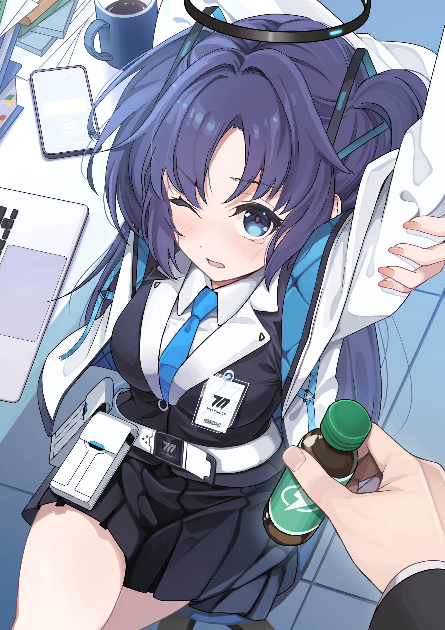 1girl 1other black_skirt blue_archive blue_necktie blush breasts cellphone collared_shirt cup fingernails formal_clothes halo highres jacket large_breasts long_hair long_sleeves mechanical_halo necktie one_eye_closed open_clothes open_jacket open_mouth phone pleated_skirt purple_eyes purple_hair shirousagi_una shirt sitting skirt smartphone suit tears two_side_up white_jacket white_shirt yuuka_(blue_archive)
