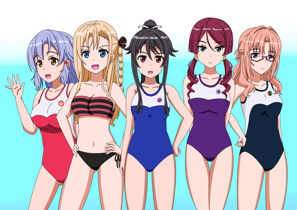 5girls bikini black_hair blonde_hair blue_background blue_eyes glasses green_eyes high_school_fleet hiromon kawano_tsubame long_hair multiple_girls munetani_mashiro nogiwa_keiko nomura_shia one-piece_swimsuit ponytail purple_hair school_swimsuit short_hair strapless strapless_bikini striped_bikini striped_clothes swimsuit twintails wilhelmina_braunschweig_ingenohl_friedeburg yellow_eyes