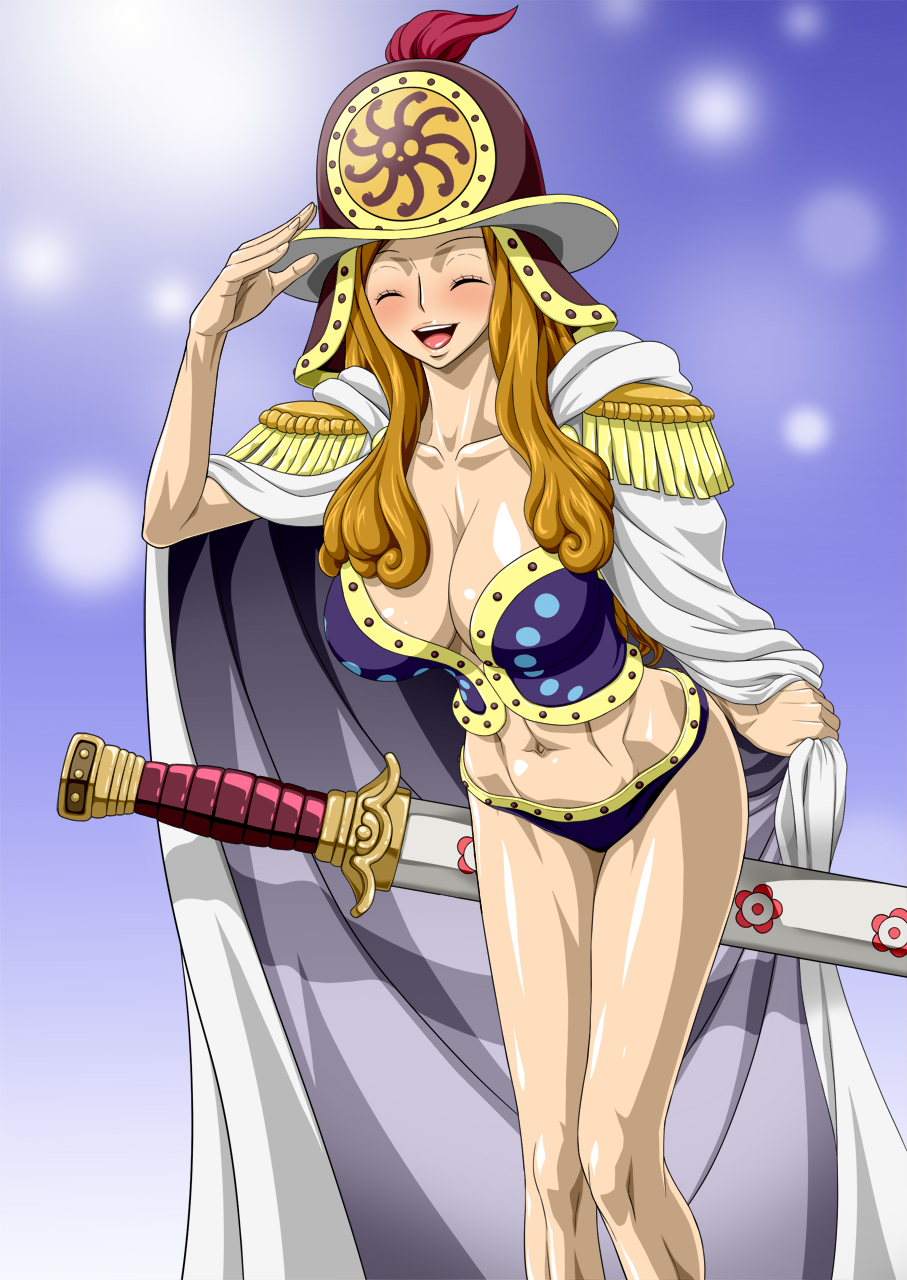 1girl aphelandra ass breasts cleavage female_focus highres hut large_breasts nel-zel_formula one_piece orange_hair swimsuit sword weapon