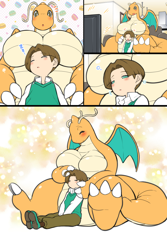 1boy 1girl breasts claws closed_eyes closed_mouth dragon dragonite fewer_digits gen_1_pokemon green_vest holding indoors leaning_back nenbuta nintendo pants personification pokemon pokemon_(creature) pokemon_bw school_kid_(pokemon) short_hair sitting sleeping sleepy smile vest wings