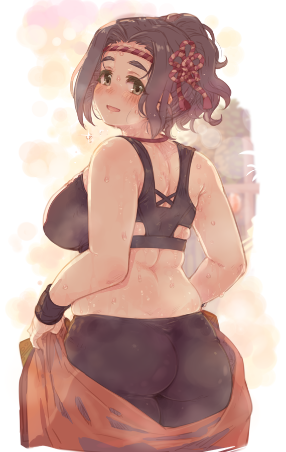 1girl 7010 ass back bare_shoulders black_hair black_pants black_shirt blush breasts crop_top cropped_shirt ebihara_naho from_behind green_eyes idolmaster idolmaster_cinderella_girls idolmaster_cinderella_girls_starlight_stage large_breasts long_hair looking_at_viewer looking_back open_mouth pants plump shirt sleeveless sleeveless_shirt smile solo sweat thick_eyebrows yellow_background
