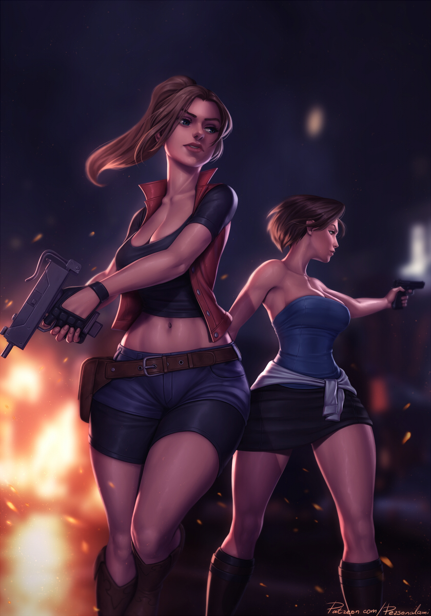 2girls bare_shoulders bike_shorts black_shirt black_skirt blue_eyes blue_shorts breasts brown_footwear brown_hair claire_redfield cleavage closed_mouth embers green_vest gun handgun highres holding holding_gun holding_weapon jill_valentine large_breasts machine_pistol midriff miniskirt multiple_girls navel open_clothes open_vest parted_lips personal_ami pistol ponytail resident_evil shirt short_hair short_shorts shorts signature skirt standing strapless submachine_gun tube_top uzi vest weapon