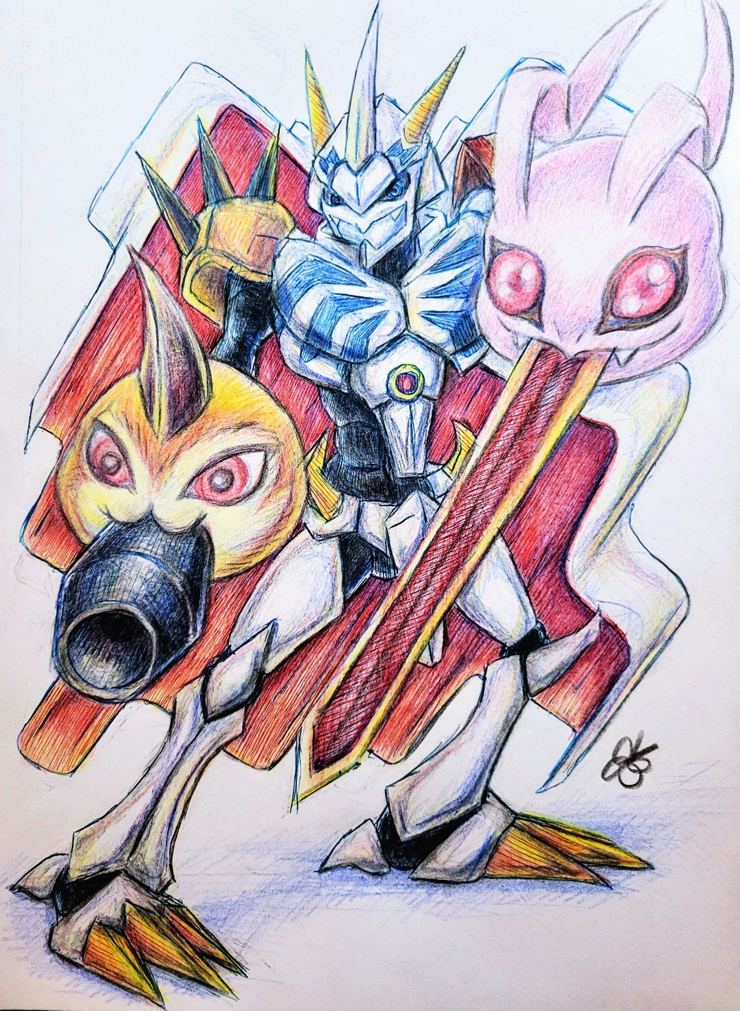 cannon digimon digimon_(creature) highres koromon omegamon oridigi solo sword tunomon weapon
