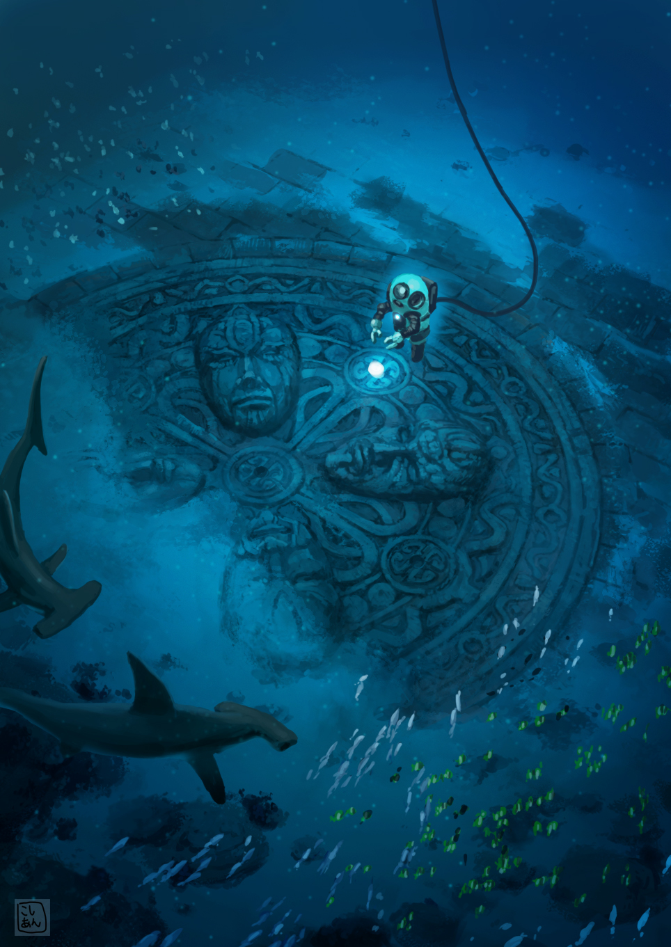 1other animal blue_theme diving_suit fish glowing hammerhead_shark highres kosian mask ocean orb original ruins sand scenery shark standing stone submerged swimming